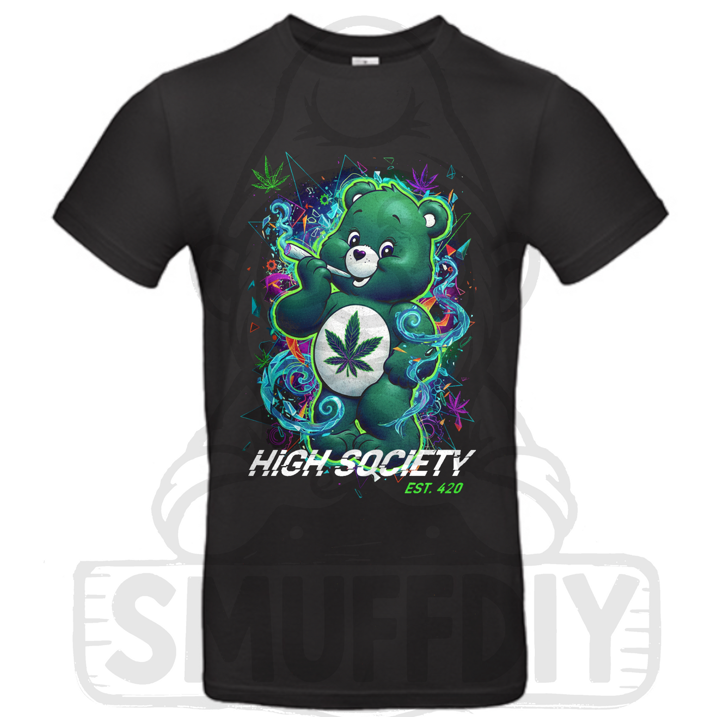 T-Shirt 'Ganja-Bär Smoke' in Schwarz - Streetwear mit unikatem Cannabär-Print by SmuffDIY