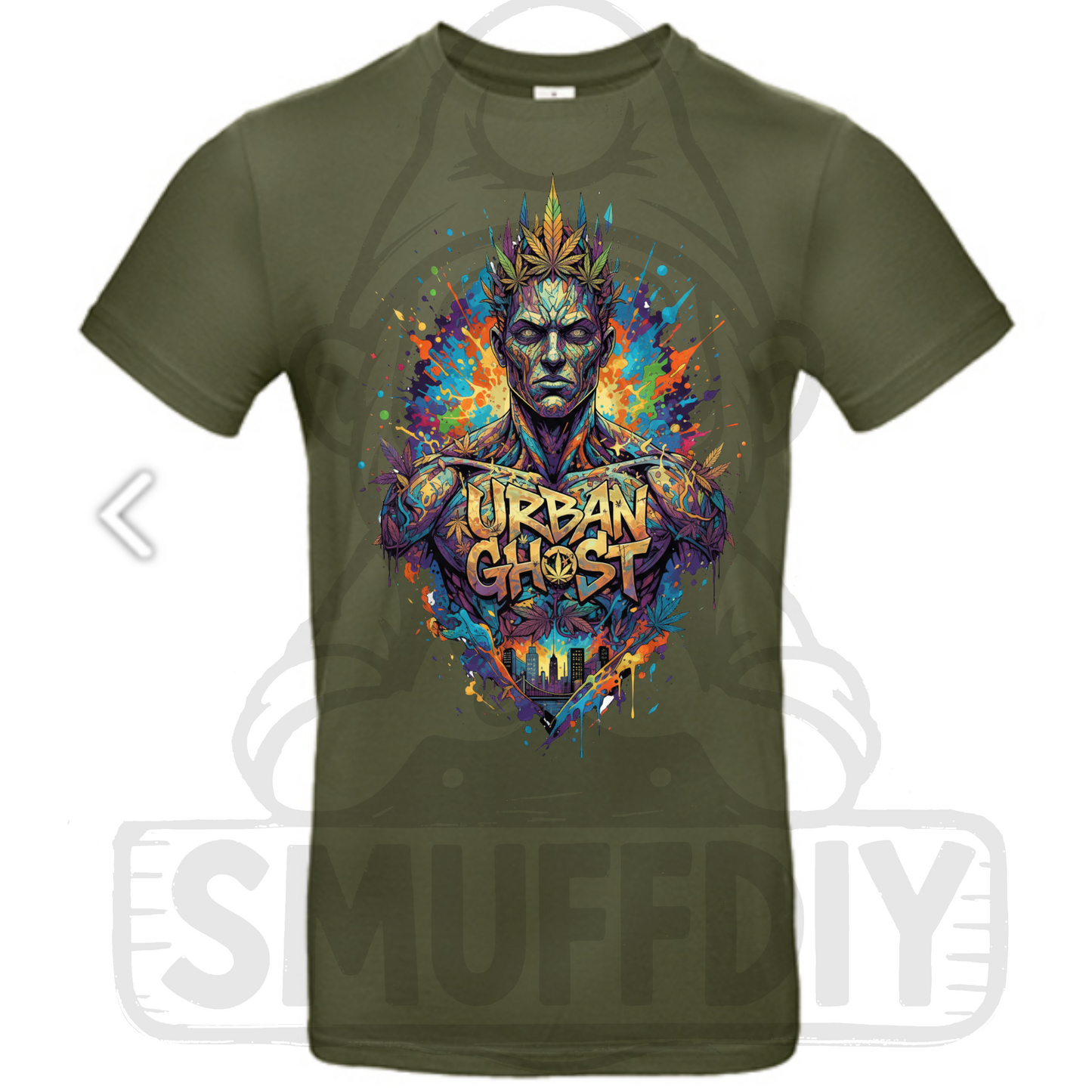T-Shirt "Ghost" in Olivgrün - auffällige Cannabis Streetwear by SmuffDIY