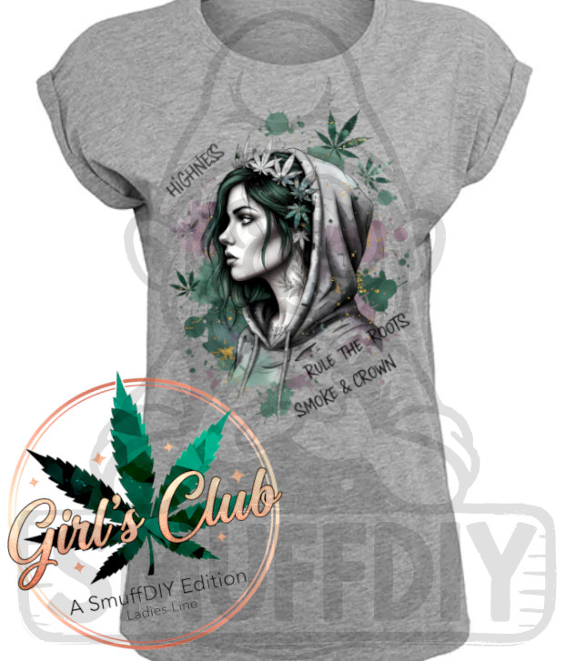 T-Shirt 'Highness' in Grau - urbane Cannabis Streetwear für Frauen by SmuffDIY