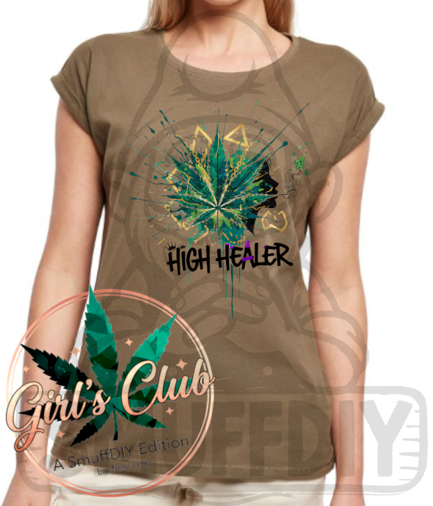 T-Shirt 'Healer' in Olivgrün - Weed-Fashion Ladies Line Girl's Club by SmuffDIY