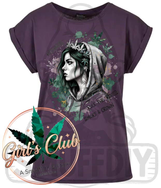 T-Shirt 'Highness' in Lila - urbane Cannabis Streetwear für Frauen by SmuffDIY