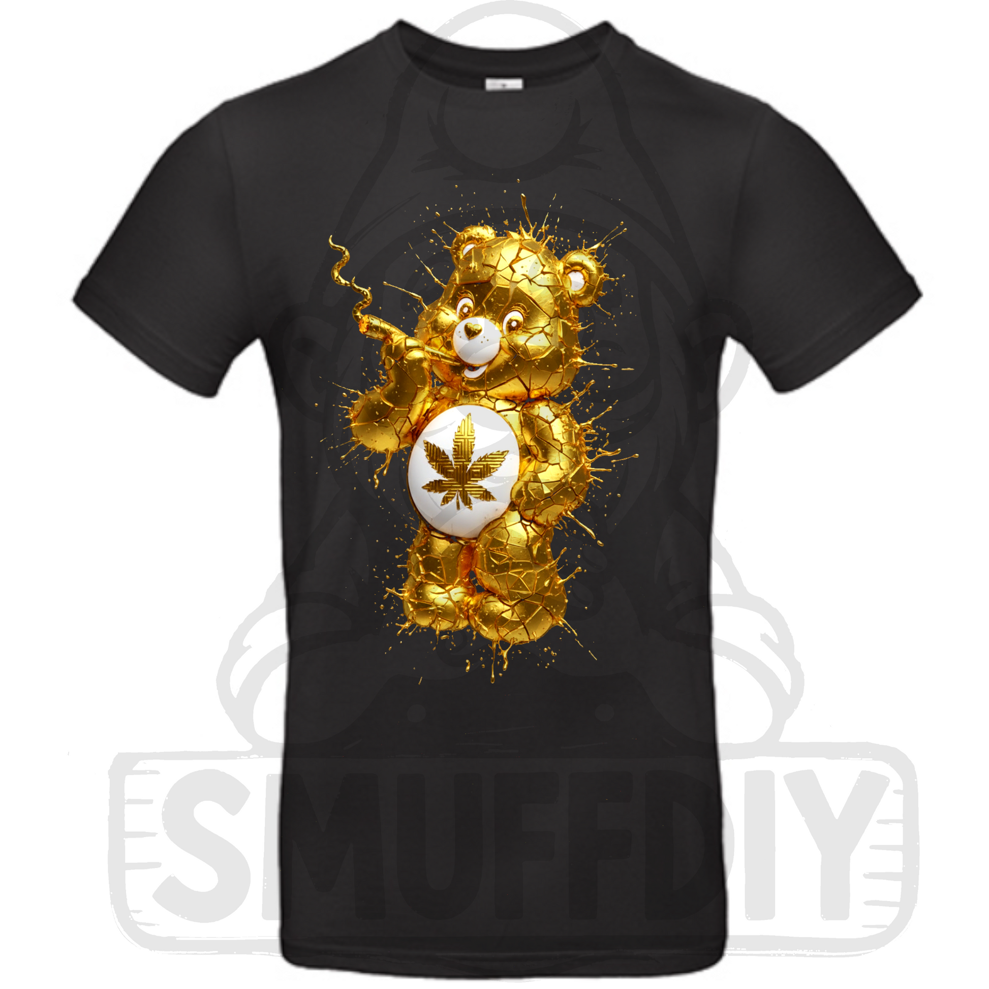 T-Shirt 'Ganja-Bär Liquid Gold" in Schwarz - das Trendmotiv Ganja-Bär im neuen Glanz als Streetwear by SmuffDIY