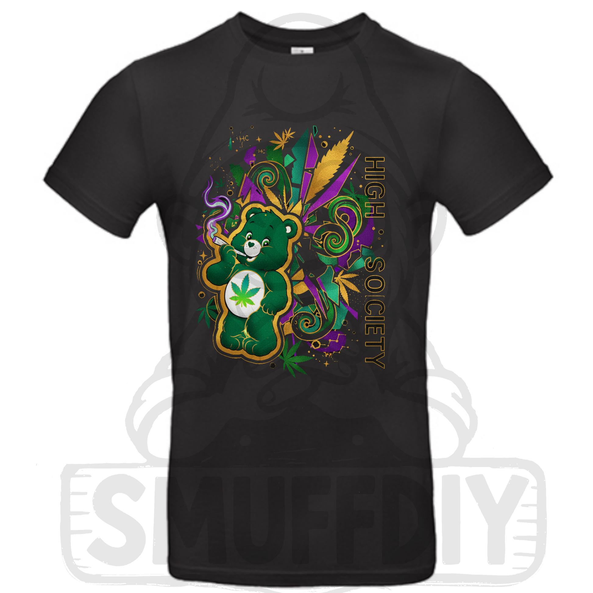 T-Shirt 'Ganja-Bär High Society' in Schwarz - kultiger Cannabis Bär trifft auf unikates Design. Streetwear by SmuffDIY