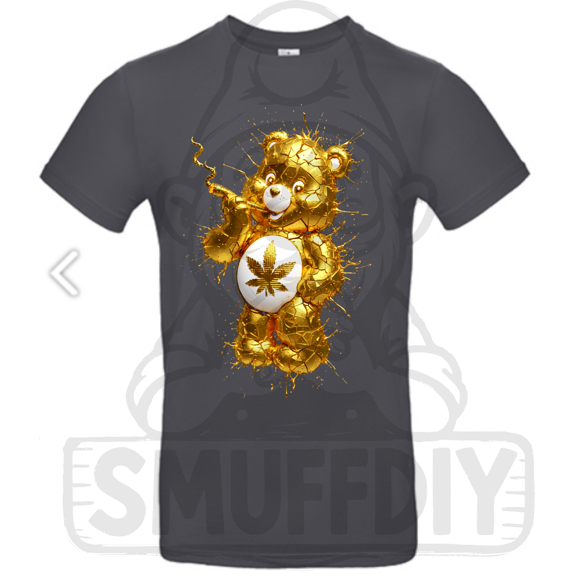 T-Shirt 'Ganja-Bär Liquid Gold" in Dunkelgrau - das Trendmotiv Ganja-Bär im neuen Glanz als Streetwear by SmuffDIY