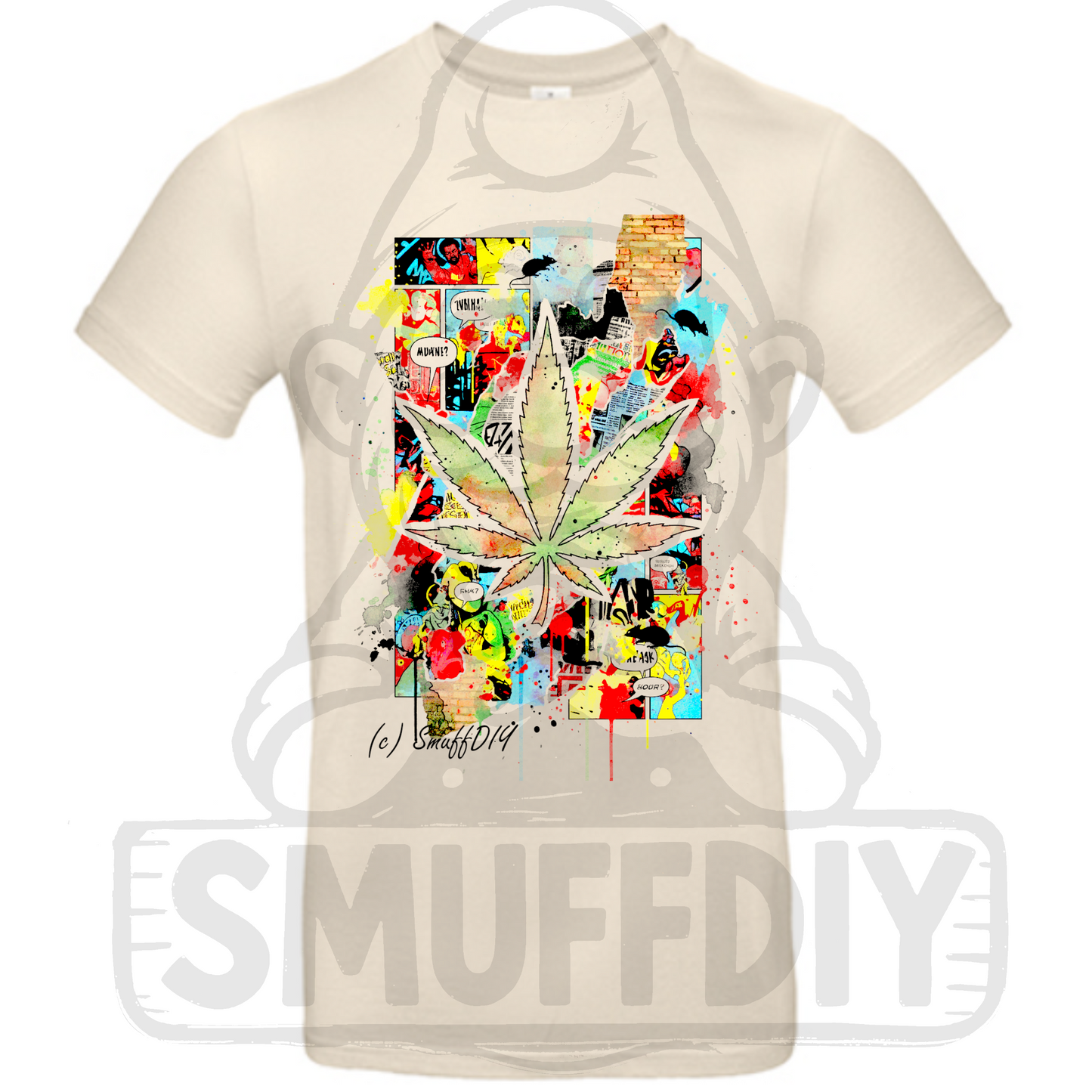 T-Shirt "Comic" in Hellbeige - ausgefallene Cannabis Streetwear by SmuffDIY