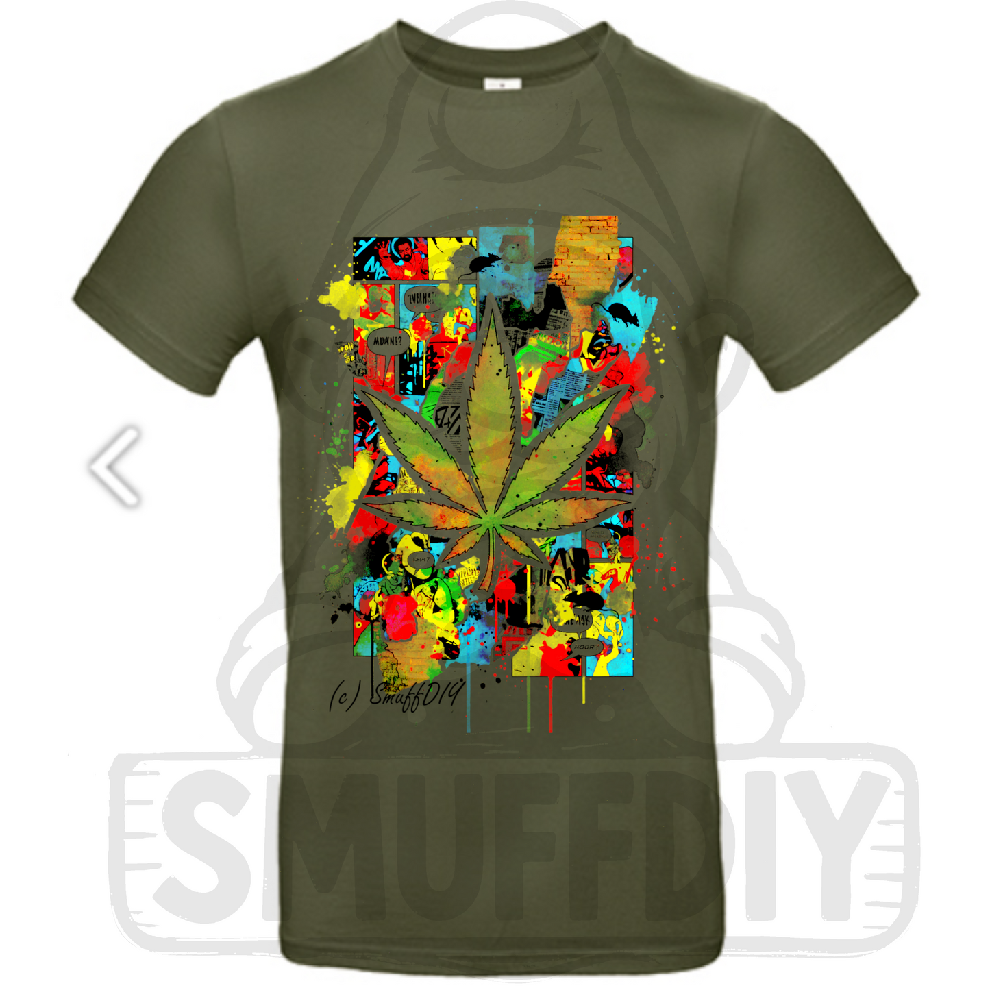 T-Shirt "Comic" in Olivgrün - ausgefallene Cannabis Streetwear by SmuffDIY