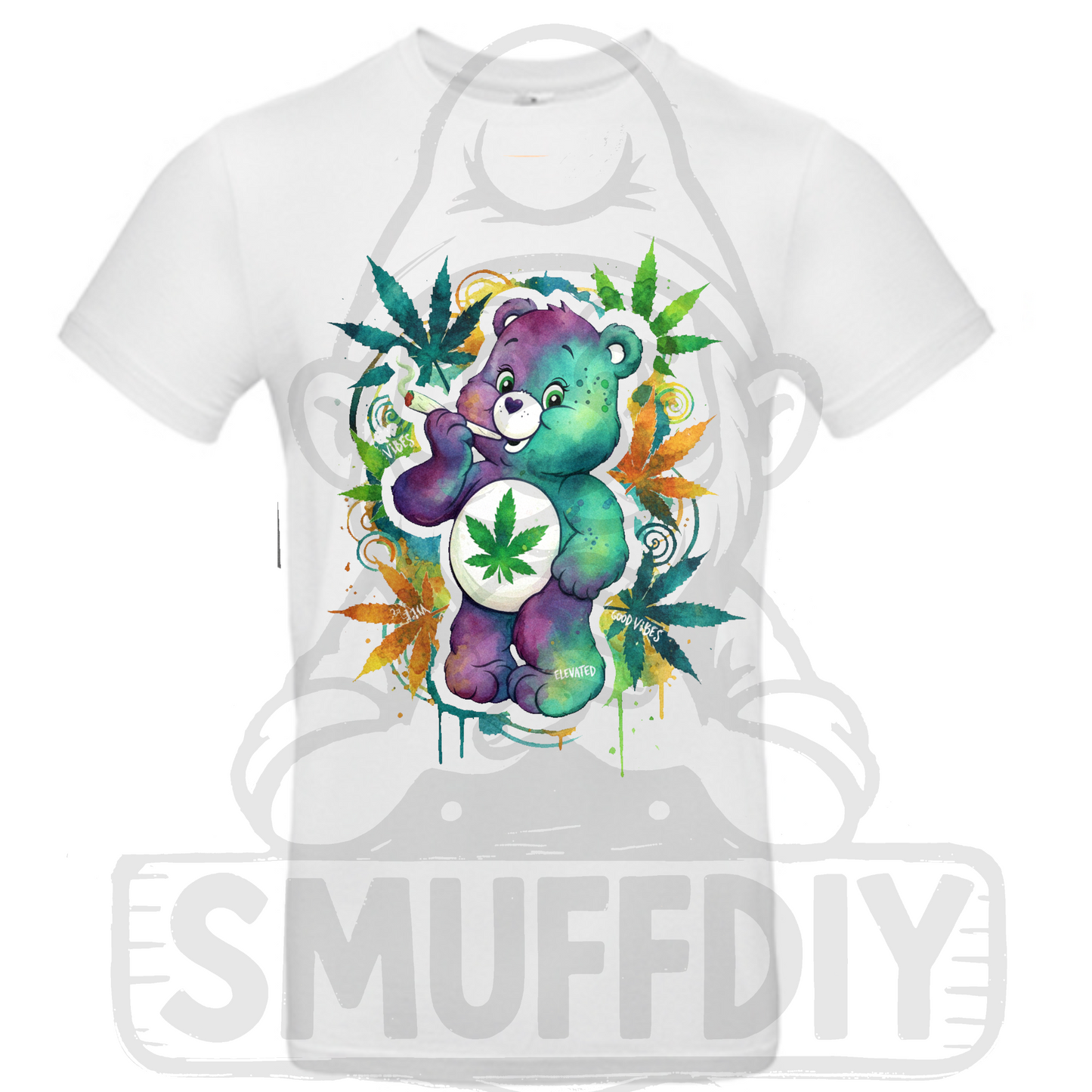 T-Shirt 'Ganja-Bär Colour' in Weiss - das Kifferbärchen im ansprechendem Look als Streetwear by SmuffDIY