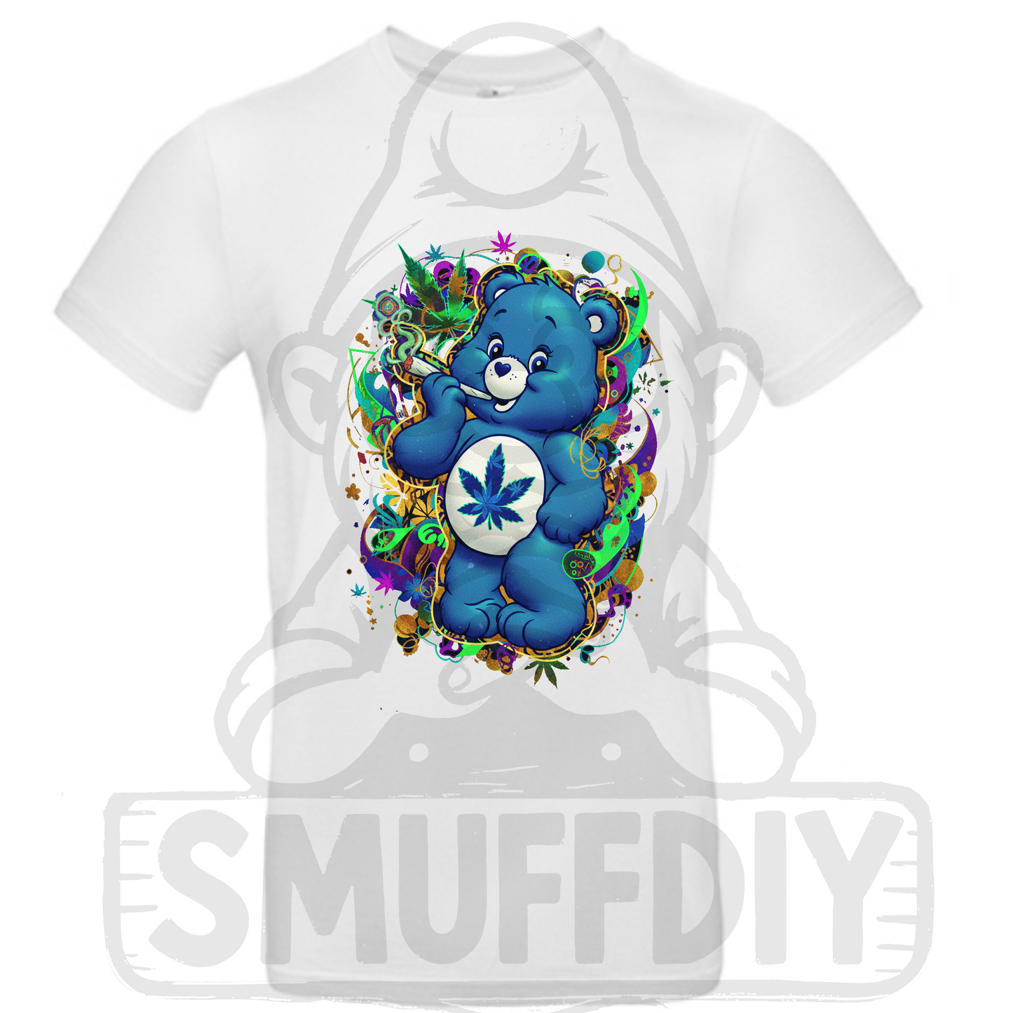 T-Shirt 'Ganja-Bär Blue' in Weiss - kultiger Cannabis Bär in Szene gesetzt. Weed-Fashion by SmuffDIY
