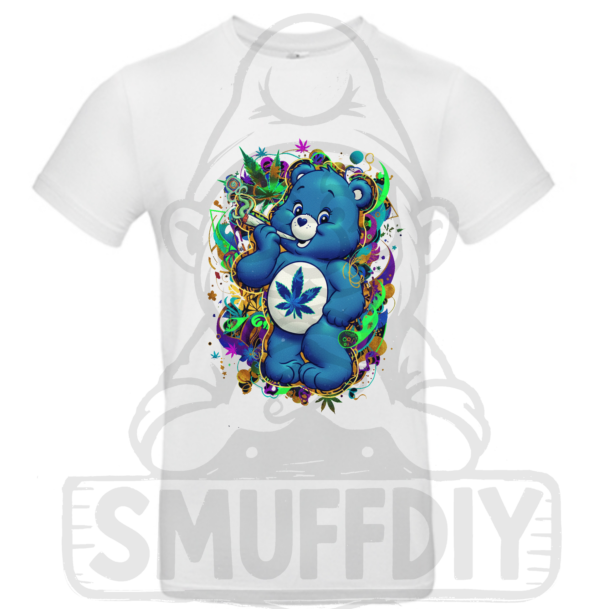 T-Shirt 'Ganja-Bär Blue' in Weiss - kultiger Cannabis Bär in Szene gesetzt. Weed-Fashion by SmuffDIY