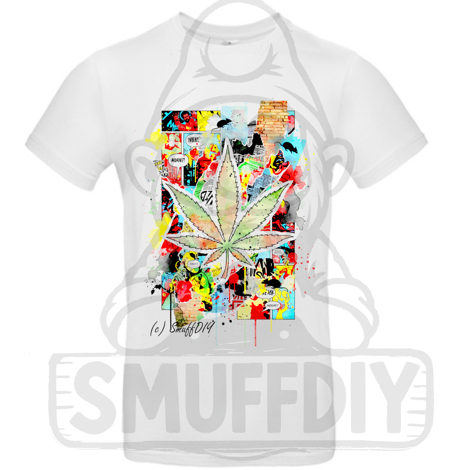 T-Shirt "Comic" in Weiss - ausgefallene Cannabis Streetwear by SmuffDIY