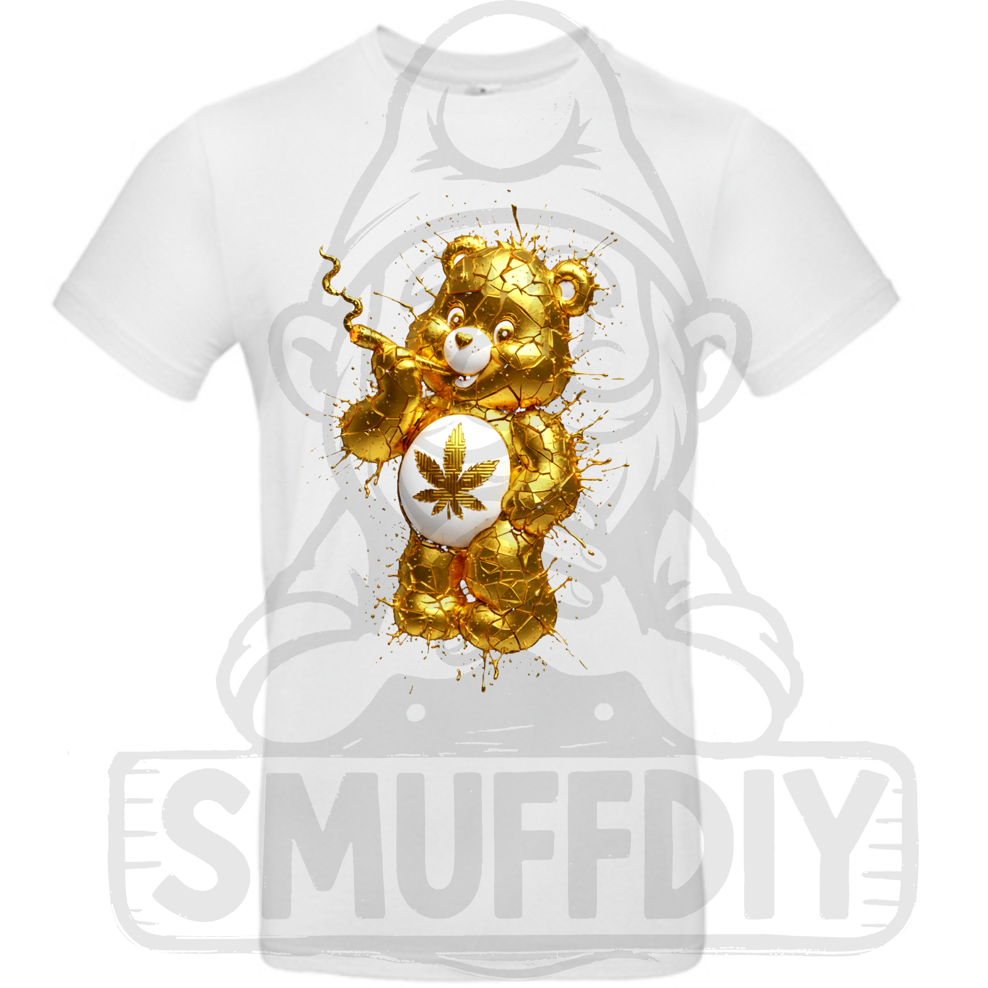 T-Shirt 'Ganja-Bär Liquid Gold" in Weiss - das Trendmotiv Ganja-Bär im neuen Glanz als Streetwear by SmuffDIY